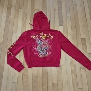 Ed Hardy Cherry RED Cropped Hoodie with Dragon Design